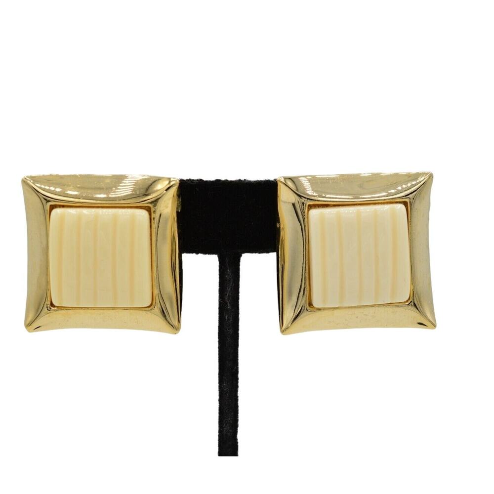 Vintage Lucite Clip On Earrings Gold Off White Cream Beaded Chunky NOS 1980s BnS